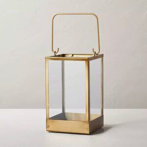 Sold Out Hearth & Hand 10" Square Metal & Glass Pillar Candle Lantern Brass NWT